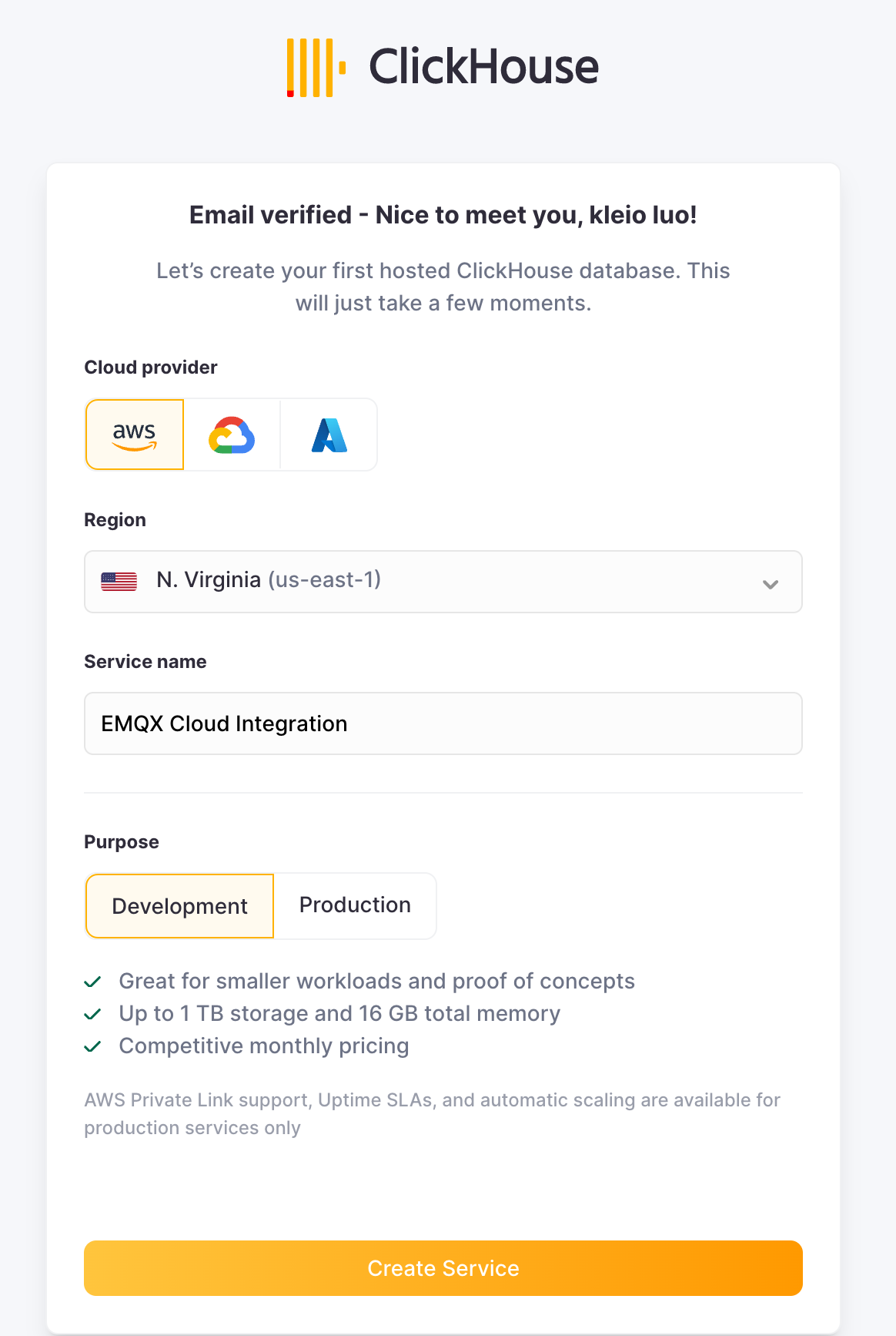 ClickHouse Cloud Service Deployment interface showing AWS region selection - Zoomed