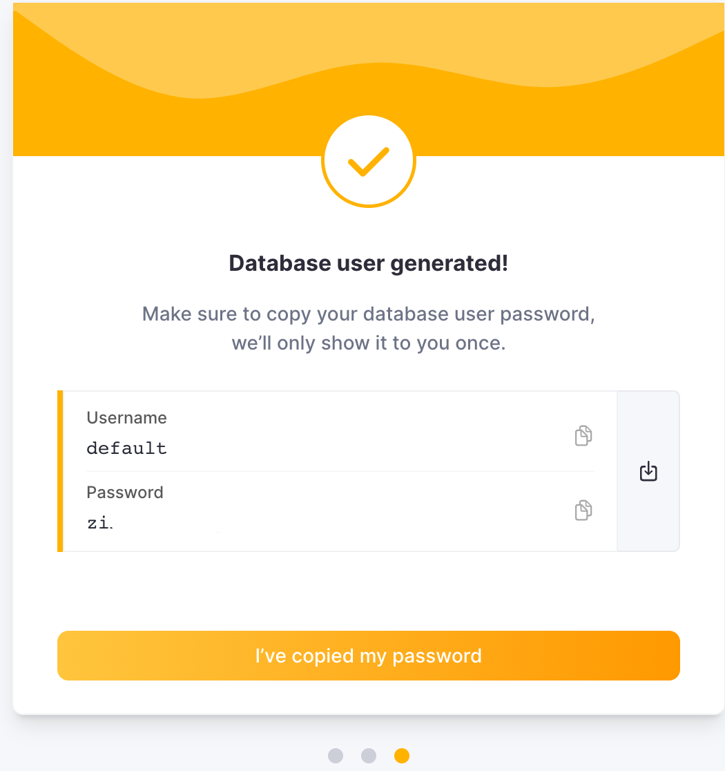 ClickHouse Cloud Credentials screen showing username and password - Zoomed
