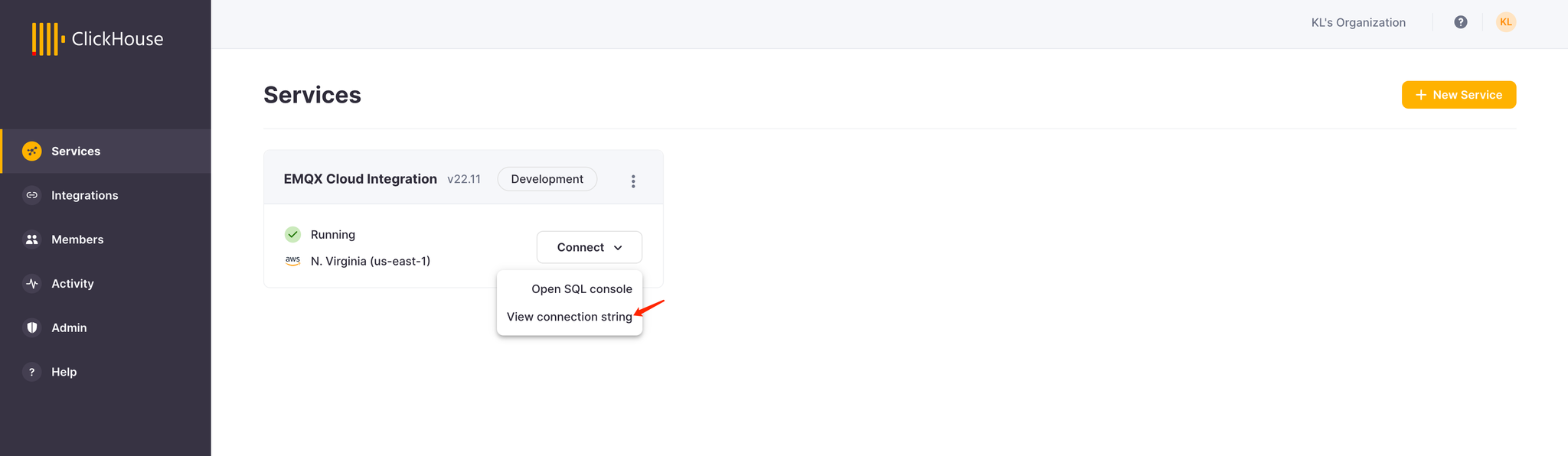 ClickHouse Cloud Running Instance dashboard with connection options - Zoomed