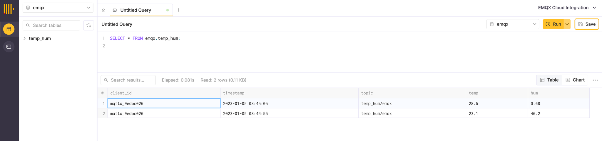 ClickHouse Query Results showing persisted IoT data - Zoomed