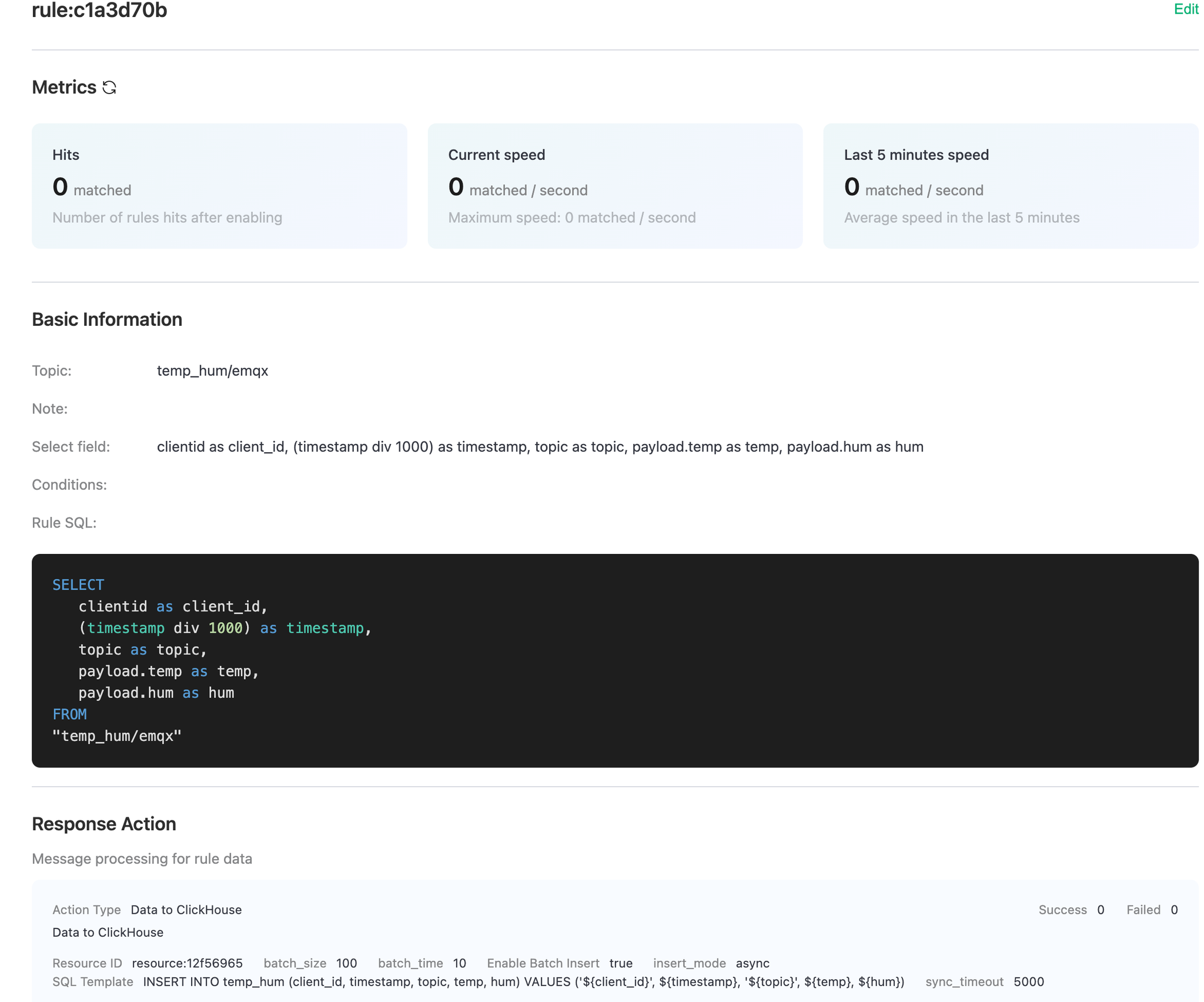 EMQX Cloud Data Integration Rule Details showing configuration summary - Zoomed