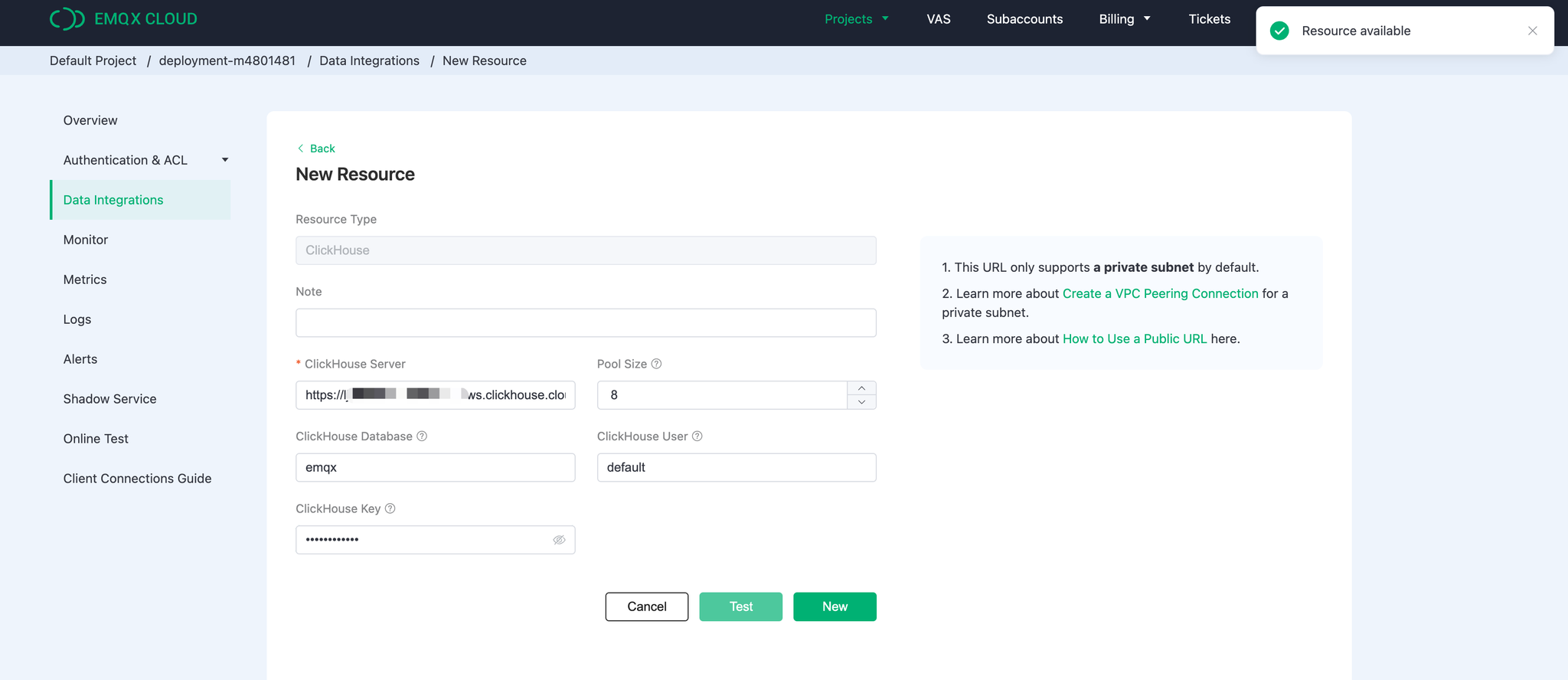 EMQX Cloud ClickHouse Resource Setup form with connection details - Zoomed