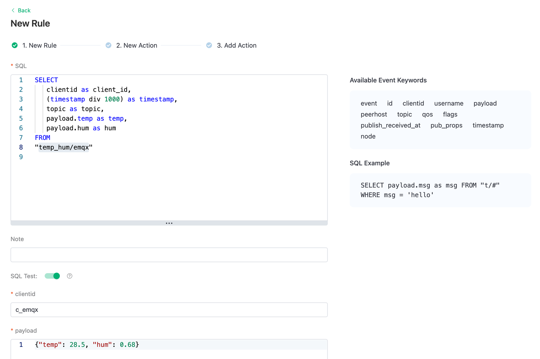 EMQX Cloud Data Integration Rule Creation Step 1 showing SQL query - Zoomed