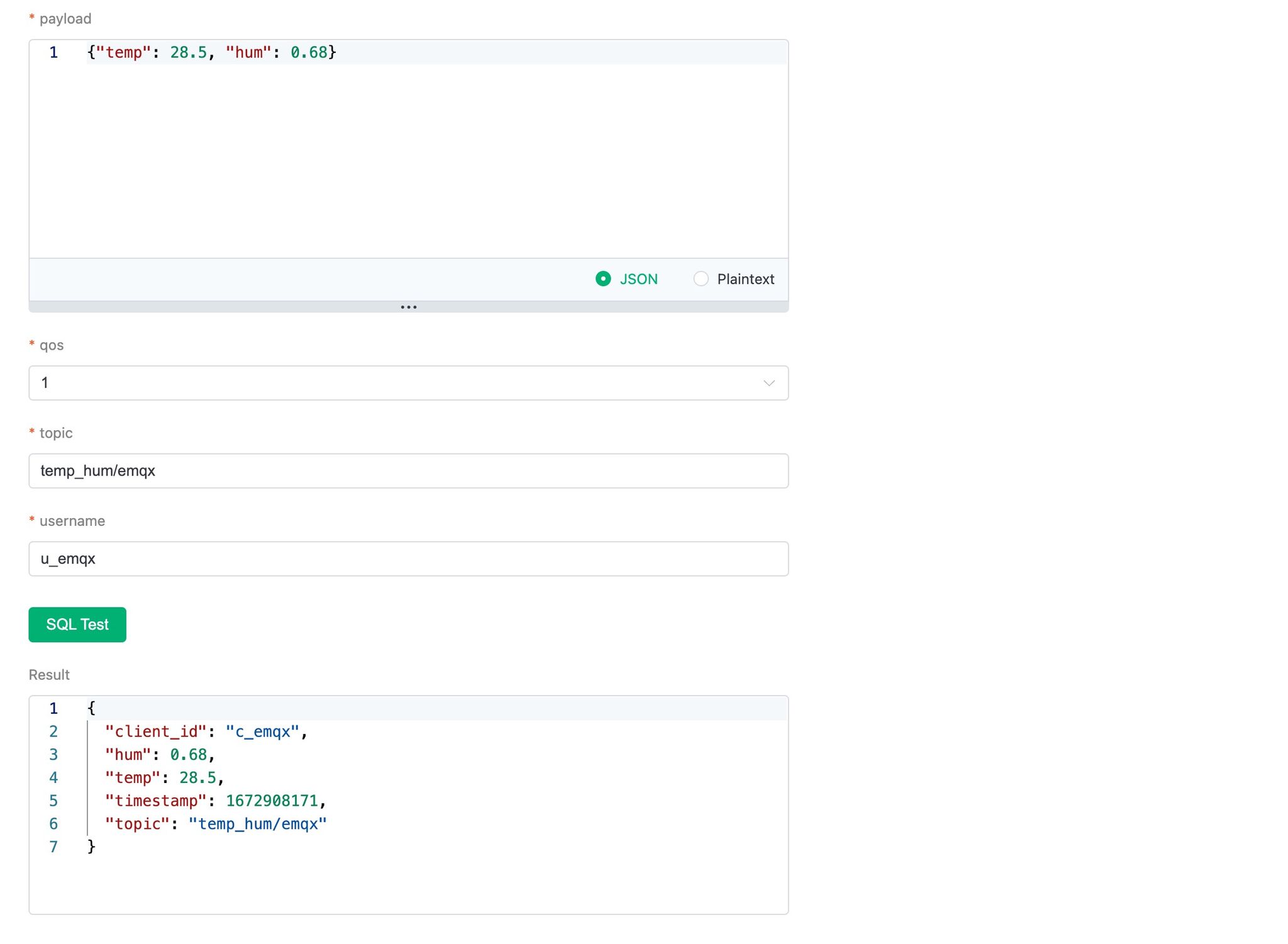 EMQX Cloud Data Integration Rule Creation Step 2 showing test results - Zoomed
