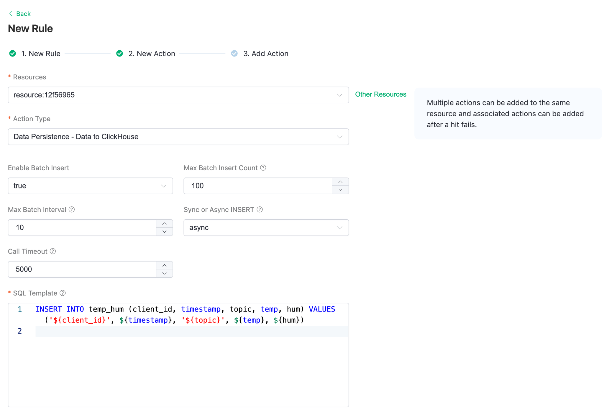 EMQX Cloud Data Integration Rule Action Setup with SQL template - Zoomed