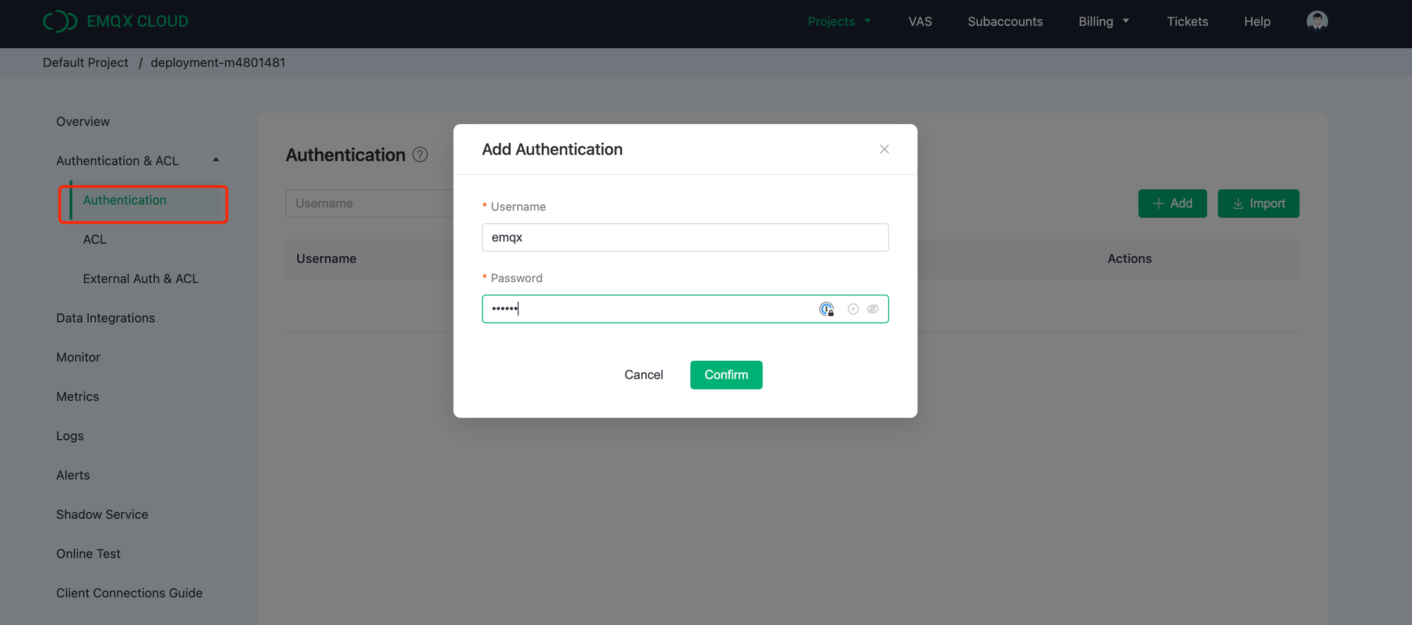 EMQX Cloud Authentication Setup interface for adding credentials - Zoomed