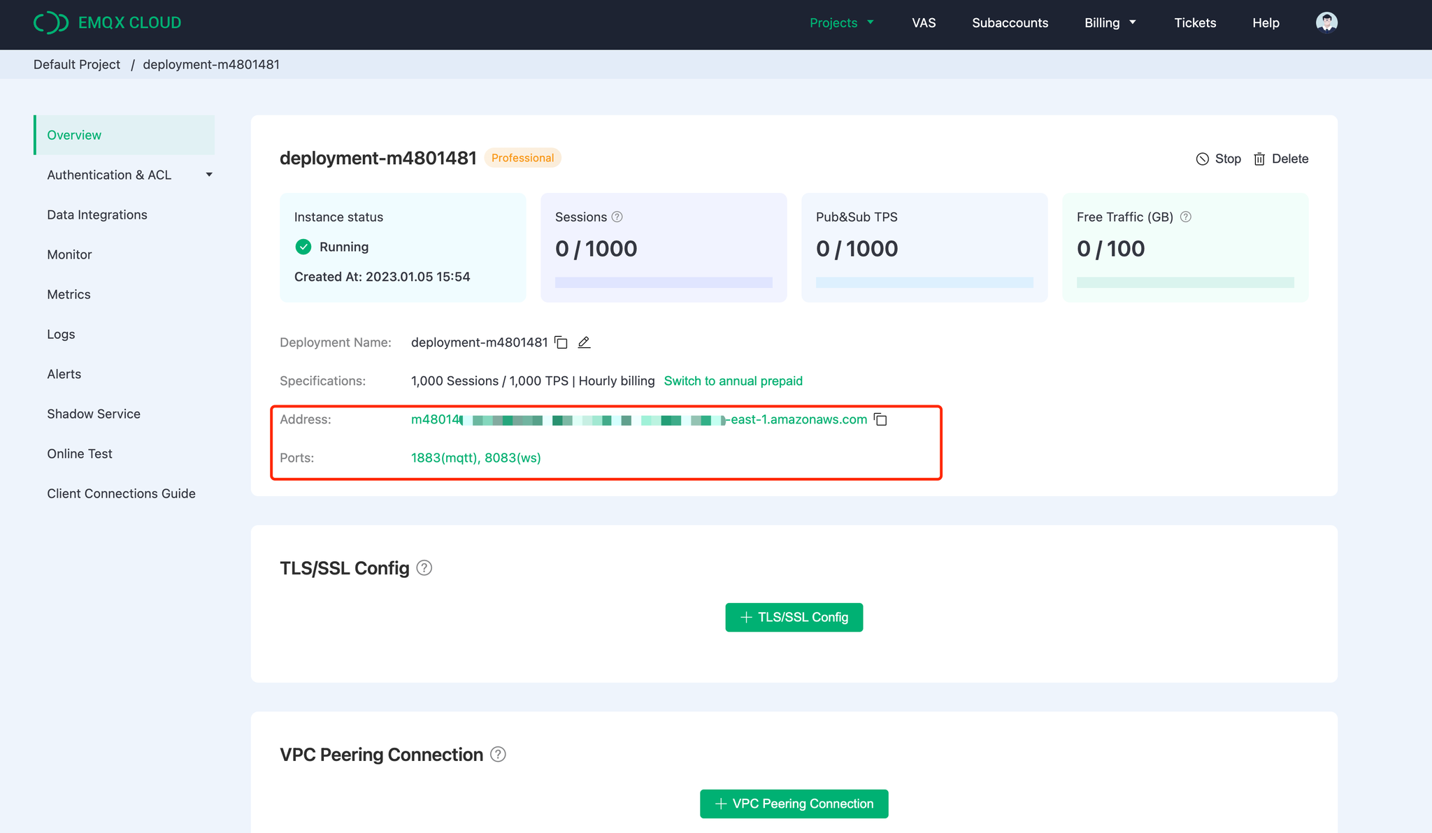 EMQX Cloud Overview Dashboard showing broker metrics - Zoomed