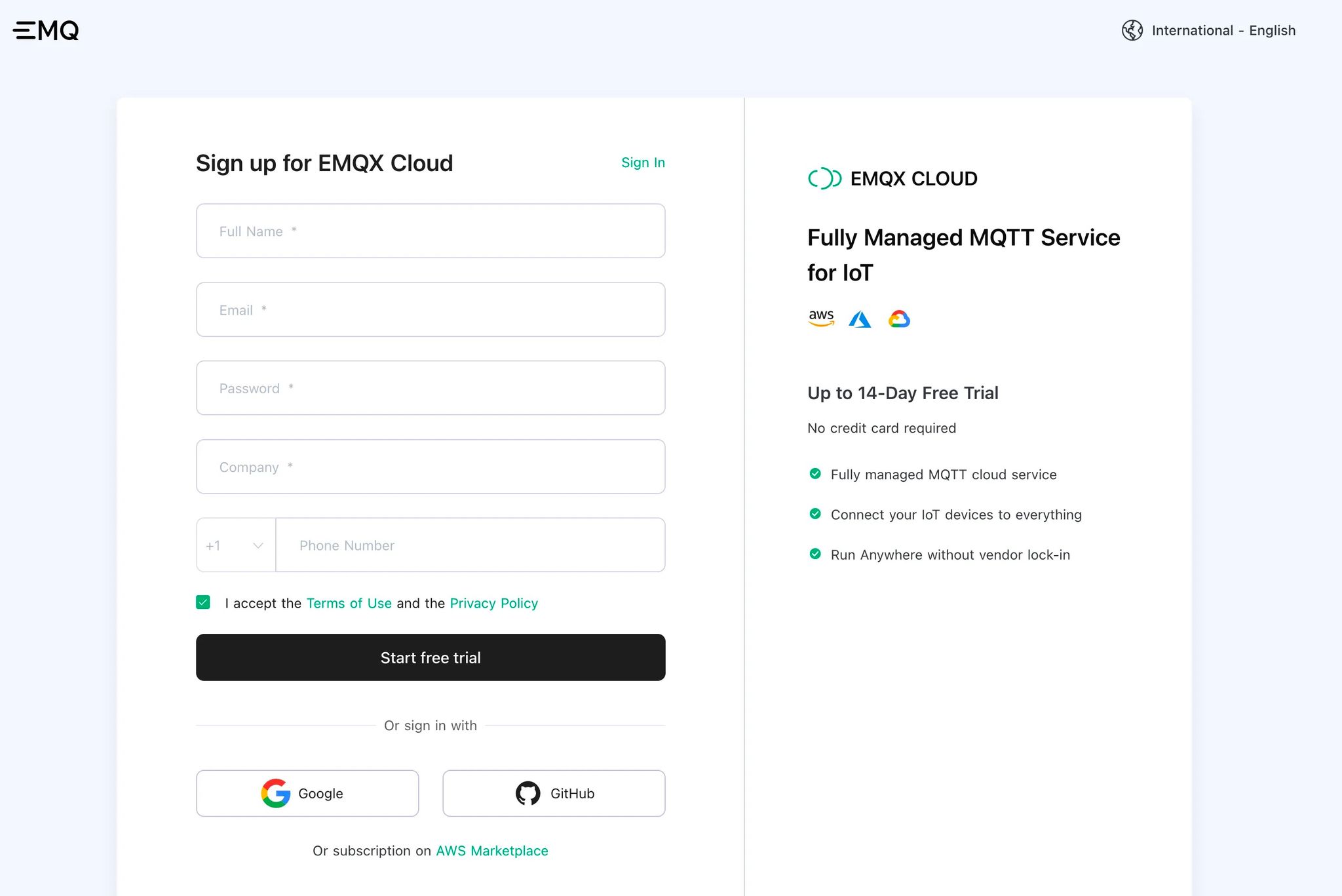 EMQX Cloud Signup Page with registration form - Zoomed