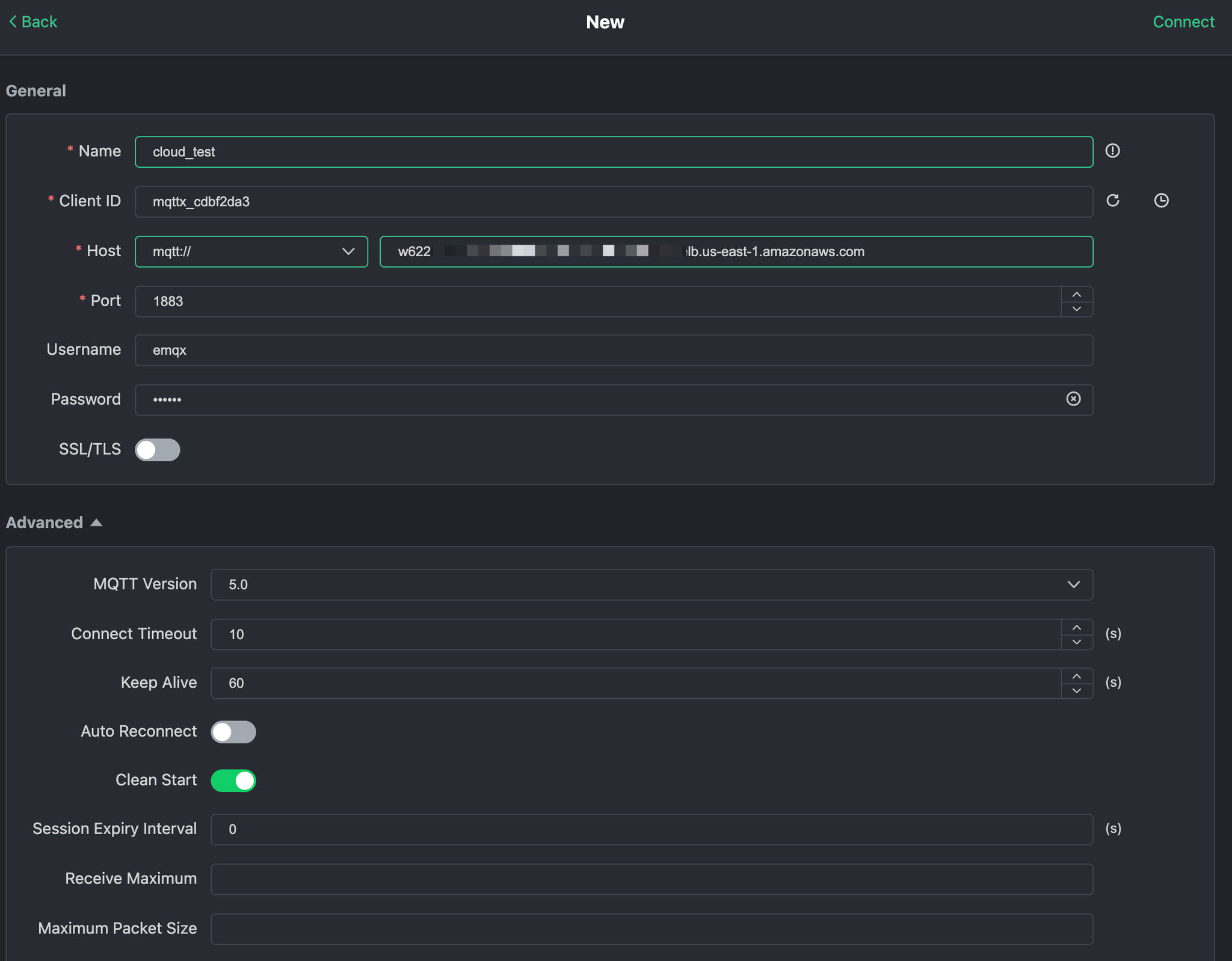 MQTTX New Connection Setup form with connection details - Zoomed