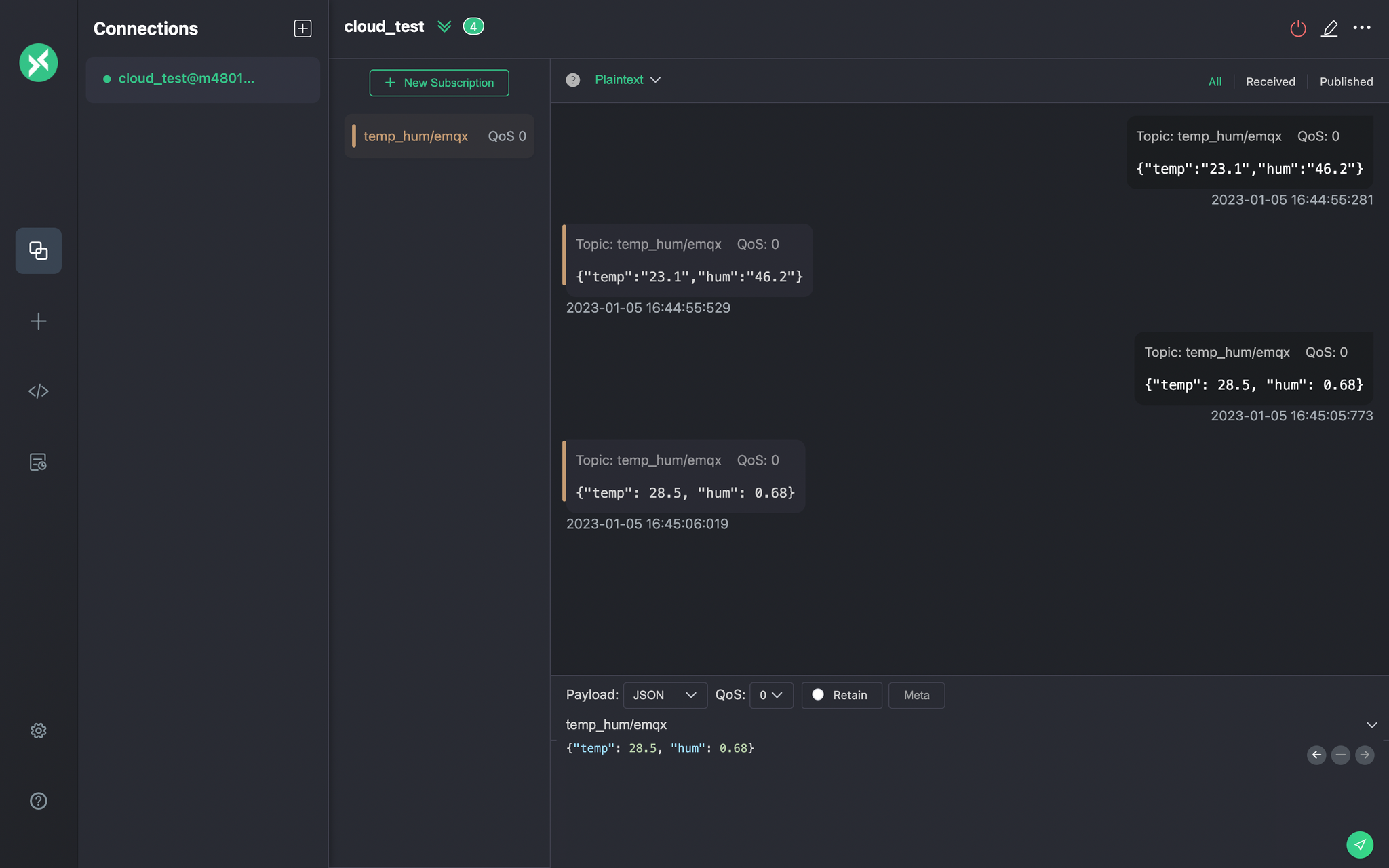 MQTTX Publish MQTT Messages interface showing message composition - Zoomed